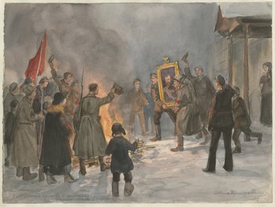 Soldati che bruciano dipinti dalla serie di acquerelli Rivoluzione russa, 1917 da Ivan Alexeyevich Vladimirov