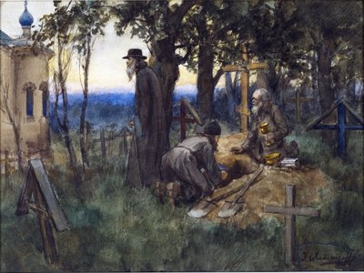 I sacerdoti che nascondono i tesori della chiesa in una nuova tomba in un cimitero di Vladimirov, Ivan Alexeyevich (1869-1947). Acquerello, Gouache su carta da Ivan Alexeyevich Vladimirov