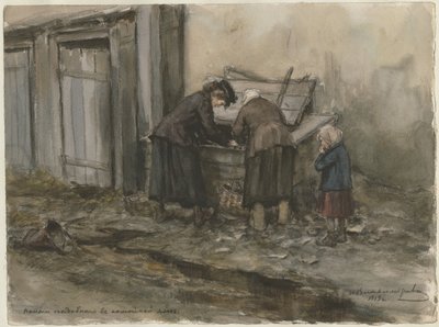 Due donne e un bambino che cercano in un bidone della spazzatura dalla serie di acquerelli Rivoluzione russa da Ivan Alexeyevich Vladimirov