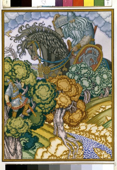Ilia di Murom osserva il ritorno del gigante con una cassa di cristallo da Ivan Yakovlevich Bilibin
