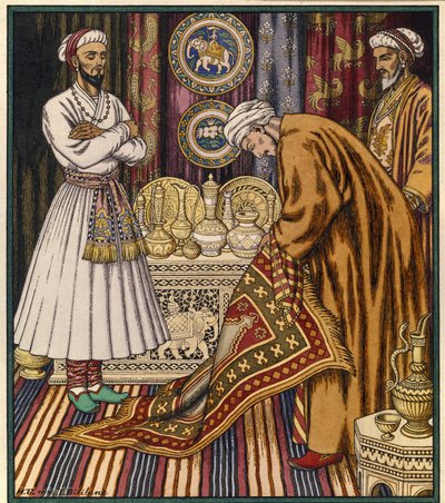 Il principe Ali compra un tappeto volante da Ivan Yakovlevich Bilibin