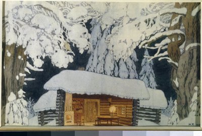 Casa di legno nella foresta innevata. Scenografia per la pièce teatrale "Il comandante Suvorov" da Ivan Yakovlevich Bilibin