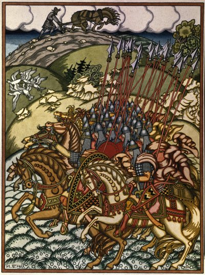 Volga Sviatoslavich e Mikula Selyaninovich da Ivan Yakovlevich Bilibin