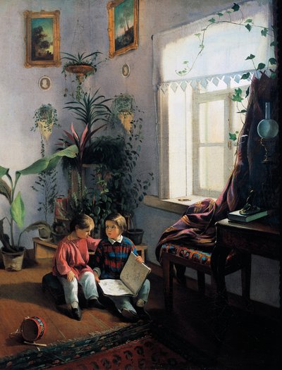 Bambini che sfogliano un libro illustrato da Ivan Khrutsky