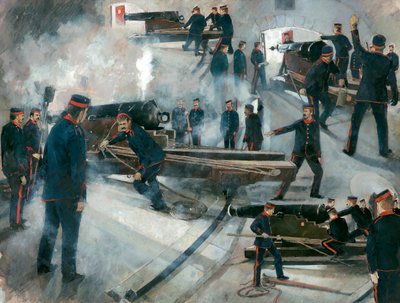 Equipaggio di artiglieria, casematte della batteria di Dartmouth Point, castello di Dartmouth, fine XIX secolo, 1990 da Ivan Lapper