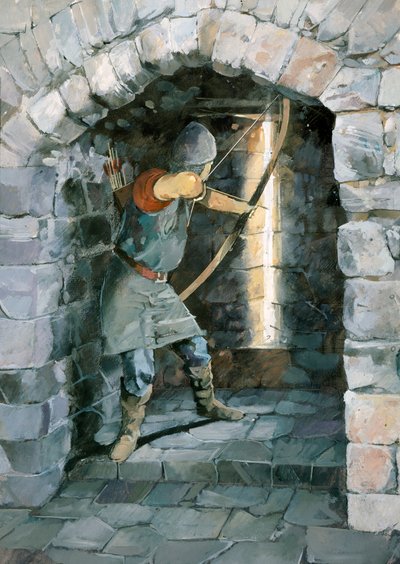 Arciere medievale che spara attraverso una feritoia al castello di Beeston, Cheshire da Ivan Lapper