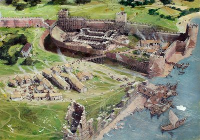 Vista ricostruita della Torre di Londra da sud-ovest, come poteva apparire negli anni 1070 o 1080, quando la Torre Bianca era nelle prime fasi di costruzione. da Ivan Lapper