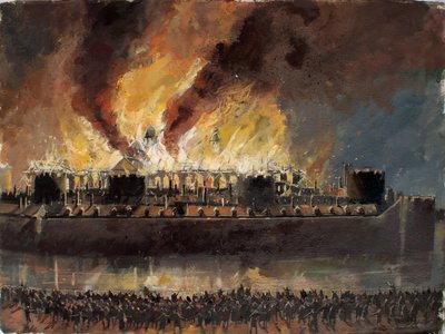 Veduta ricostruita della Torre di Londra con il Grand Storehouse in fiamme nel 1841 da Ivan Lapper