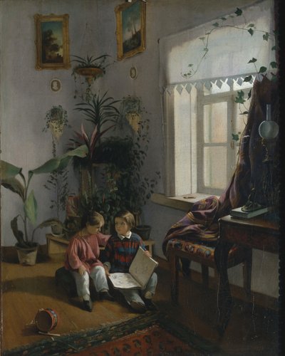 Nella stanza. Giovani ragazzi che guardano un libro da Ivan Phomich Khrutsky