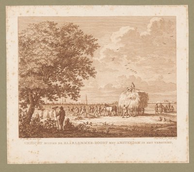 Paesaggio con contadini che raccolgono fieno con Amsterdam all