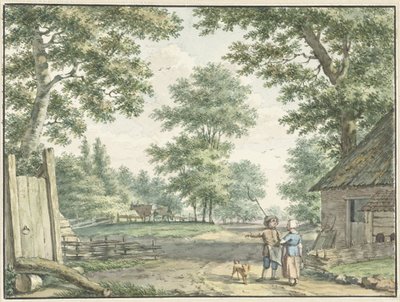 Paesaggio con due persone vicino a una casa colonica da Izaak Schmidt