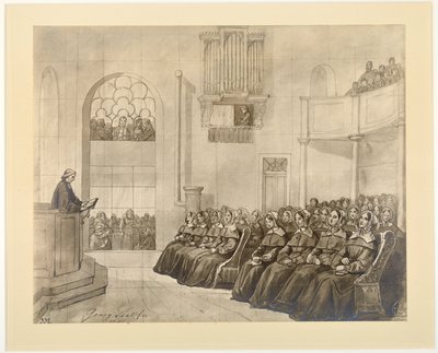 Diaconissen-Kirche, il pastore Fliedner che predica alle diaconesse nella cappella a Kaiserswerth, 1840 da J.B. Sonderland