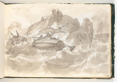 Naufragio presso una costa rocciosa. Alcuni uomini stanno su una roccia e osservano da Johan Christian Dahl