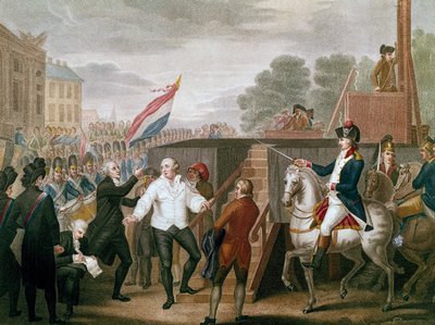Rivoluzione francese: Re Luigi XVI con il suo confessore Edgeworth il 21/01/1793. Il re che sale al patibolo. Illustrazione di J. F. Cazenave (1770-?) 1793 da J.F. Cazenave