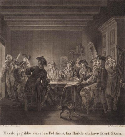 Il fabbricante di caffettiere politiche. "Se non fossi stato un politico, ti avrei fatto vergognare." Incisione dal Galleria di Holberg di Lorentzen. da J.F. Clemens
