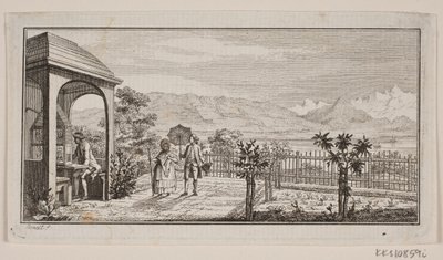 Una terrazza da giardino a Genthod con una coppia che passeggia da J.F. Clemens