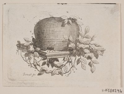 Una placca che porta un alveare, avvolta con foglie di rosa da J.F. Clemens