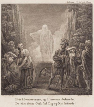 Melampe. Se perseverate ancora e indurite i cuori, questo spirito vi spaventerà giorno e notte? Incisione da Llorentzens Holberg Galleri. da J.F. Clemens