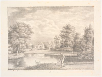 Giardino di Sanderumgaard con casa. In primo piano uomo con falce da J.F. Clemens
