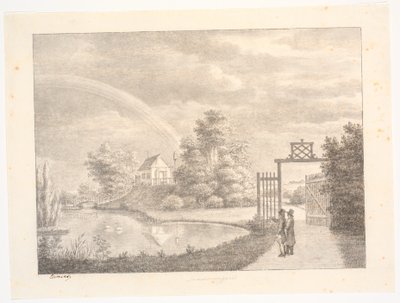 Giardino di Sanderumgaard con arcobaleno. In primo piano due uomini vicino a un cancello da J.F. Clemens