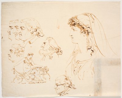 Sei teste maschili e una femminile di profilo e una donna in abito classico che raccoglie fiori da J.F. Clemens