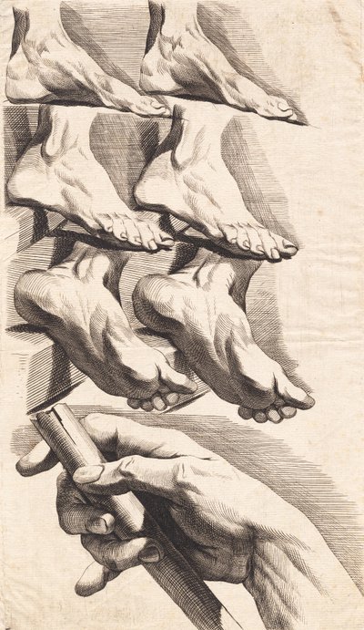 Foglio di studio di piedi e una mano che tiene un bastone da J.F. Clemens