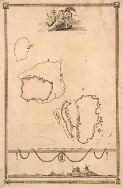 Vignetta del titolo e prospetto per la mappa di Christiansø da J.F. Clemens