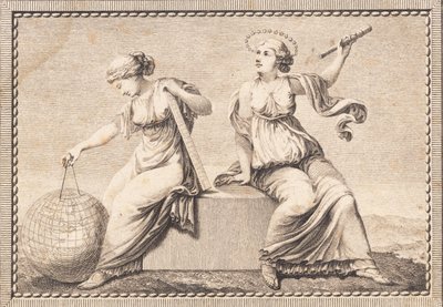 Urania e Gaea sedute su un blocco di pietra quadrato da J.F. Clemens
