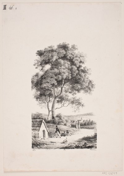 Passeggiando su una strada, a sinistra alberi alti da J.F. Møller