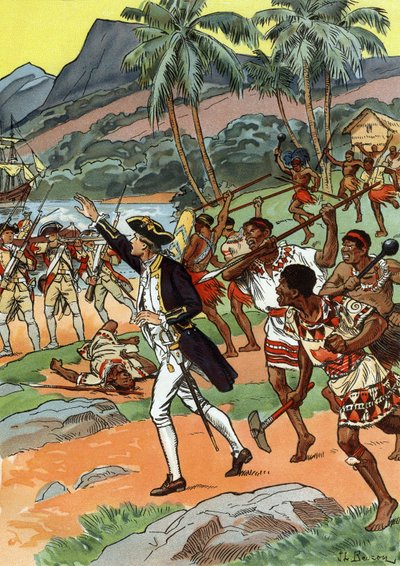 Morte di James Cook ucciso dai locali alle Hawaii da J.L Beuzon (fl.1880 1940)