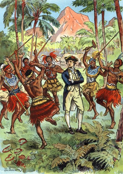 James Cook (1728-1779) e locali alle Hawaii da J.L Beuzon (fl.1880 1940)