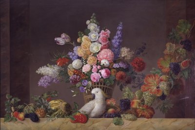 Un cesto di fiori, un cacatua e una ghirlanda di frutta da J.L. Camradt