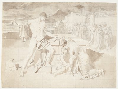 Andromaca e il figlio Astianatte con Pirro presso il sarcofago di Ettore da J.L. Lund