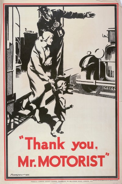 Grazie Signor Automobilista, poster della London County Council LCC Tramways da JS Anderson