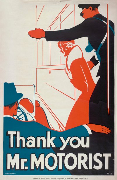 Grazie signor automobilista, manifesto del London County Council LCC Tramways, 1933 da JS Anderson