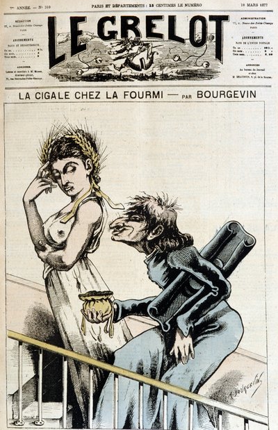 La cicala presso la formica - Caricatura anticlericale di un gesuita che tiene una borsa aperta a una donna immorale, con una corona di spighe di grano, che fa una smorfia di disprezzo - Illustrazione di A. Bourgevin (o J. Blasset o Albert Douat) da J.  Blass