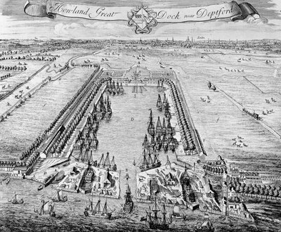 Howland Great Dock, vicino a Deptford, c.1715-20 da J. Badslade
