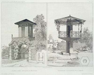 Portale con chiosco, Meudon, e terrazza coperta, St. Denis, da un volume di disegni di vari architetti, pub. Morel & Cie, Parigi, c.1880 da J. Boussard
