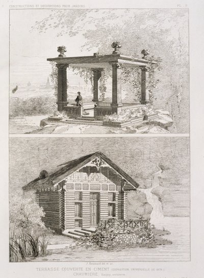 Terrazza coperta di cemento e pergolato progettato da Danjoy, c.1880 da J. Boussard