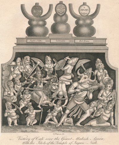 Vittoria di Cali sul gigante Mahish Asura, con gli idoli del tempio di Jagan-Nath, 1809 da J. Chapman