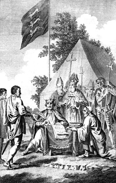 Re Giovanni che firma la Magna Carta, 1215 c18th secolo da J. Collyer