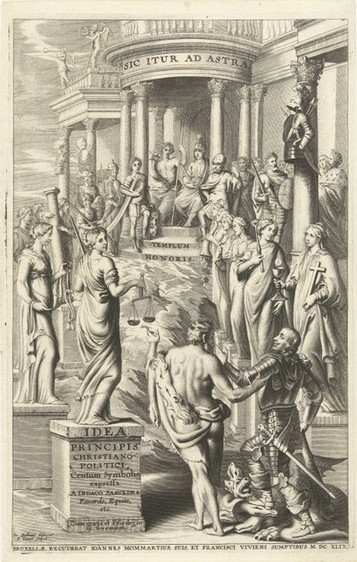 Ercole guida un uomo attraverso le personificazioni delle virtù verso il tempio della gloria eterna da J. Danoot