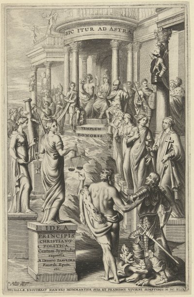 Ercole guida un uomo attraverso le personificazioni delle virtù verso il tempio della gloria eterna (pagina del titolo per: Idea principis christiano-politica, Centum Symbolis expressa, Bruxelles 1649) da J. Danoot