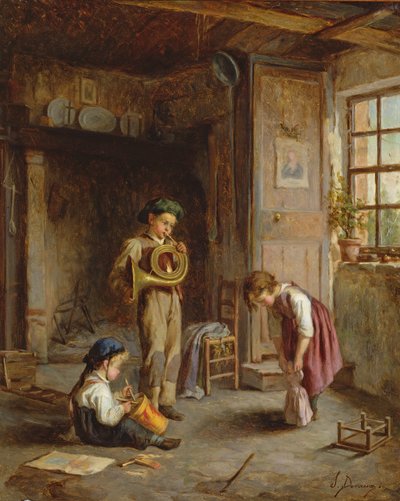Ragazzi con corno francese e tamburo, XIX secolo da J. Devaux