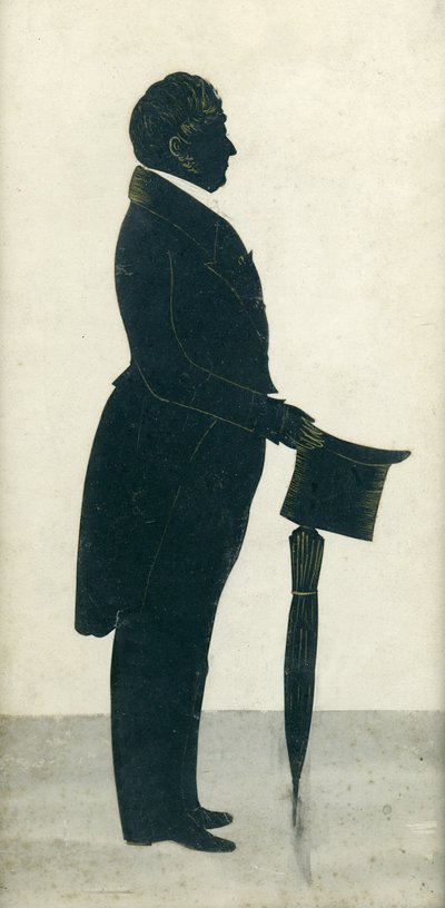 Silhouette di un uomo con cilindro, redingote e ombrello da J. Gapp
