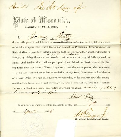 Giuramento di fedeltà di James Getty del Missouri, Contea di St. Louis da J. Getty