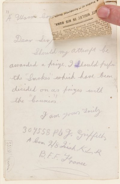 Lettera al redattore del concorso del Liverpool Weekly Courier, 1917 da J. Griffiths