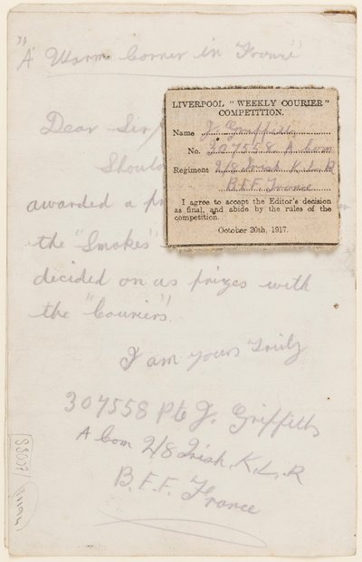 Lettera al redattore del concorso del Liverpool Weekly Courier, 1917 da J. Griffiths