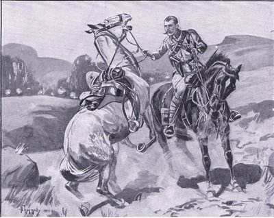 Il maggiore Brown, 14° Ussari, che tiene il cavallo del tenente Brown sotto fuoco pesante, illustrazione da After Pretoria: The Guerilla War, 1902 da J. H. Thorneley
