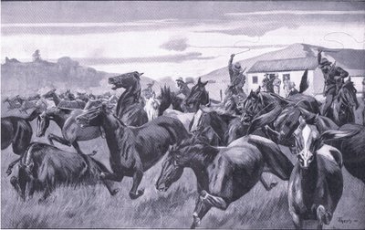 Boeri che saccheggiano il deposito di rimonta a Braamfontein, da Dopo Pretoria: La guerra di guerriglia pubblicata da Harmsworth Bros Limited, 1901 da J. H. Thornely